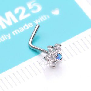 14 Karat White Gold Fire Opal Multi-Gem Sparkle Flower Top L-Shaped Nose Ring